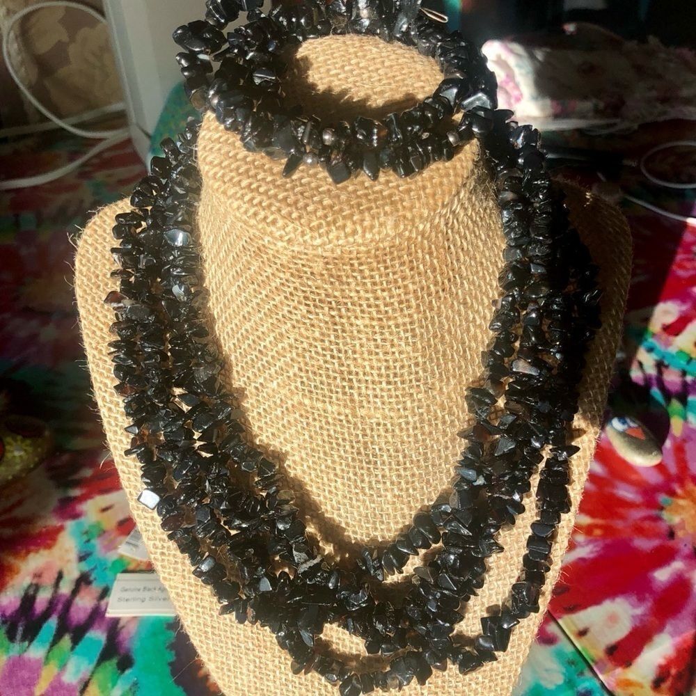 Moondance Artisan .925 Sterling Silver Black Agate Statement Necklace & Bracelet